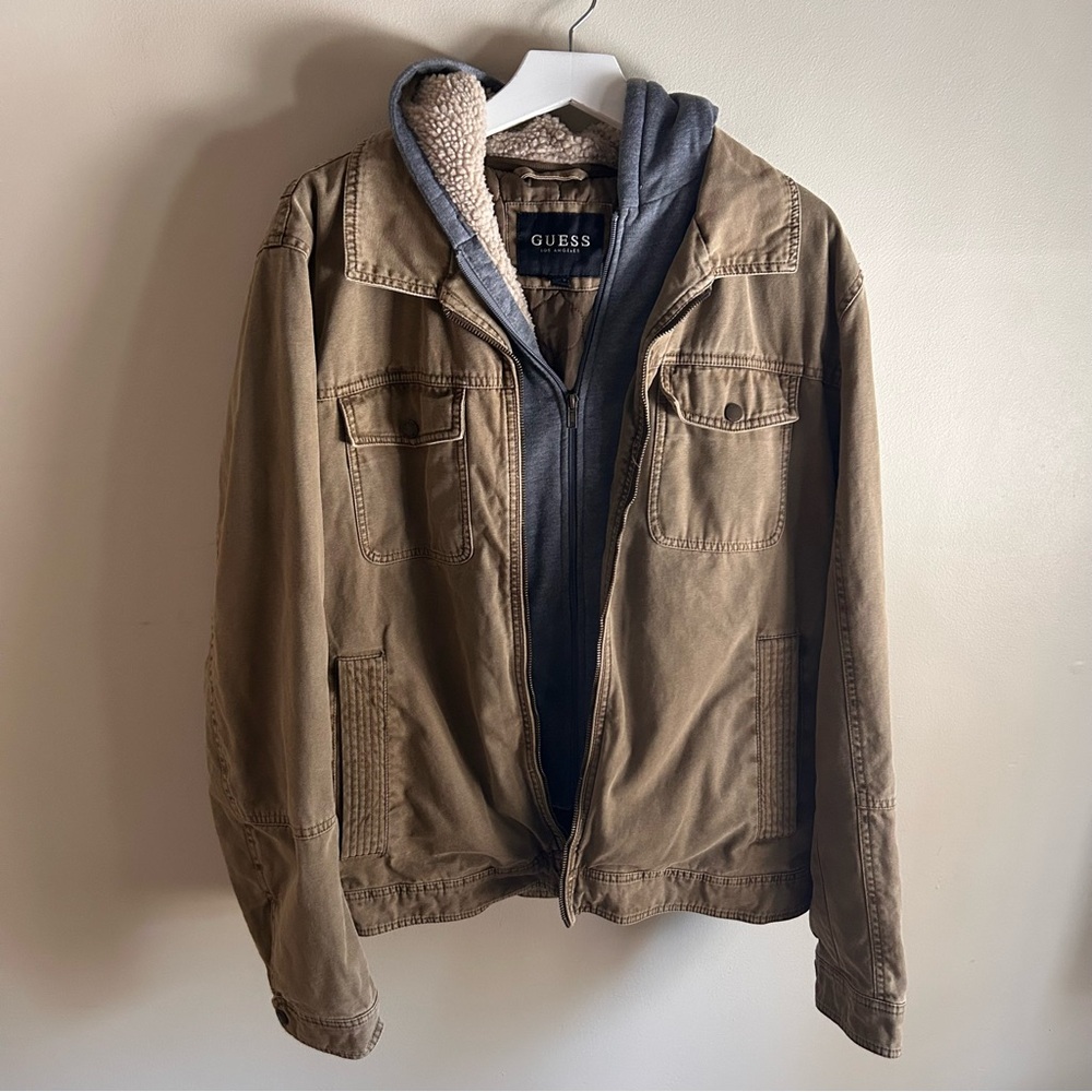 GUESS  ~Men's XL Heavyweight Cotton Twill Removable Faux Sherpa Hoodie Jacket